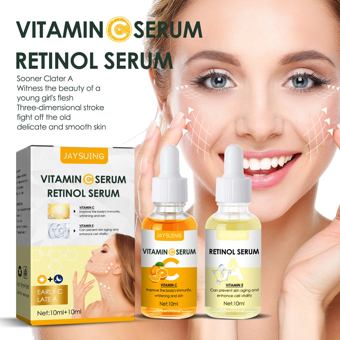 Jaysuing Morning Vitamin C Evening Vitamin A Essence Combo Brightening Fade Wrinkles Anti-Aging Firming Skin Dullness Hydrating Moisturizing