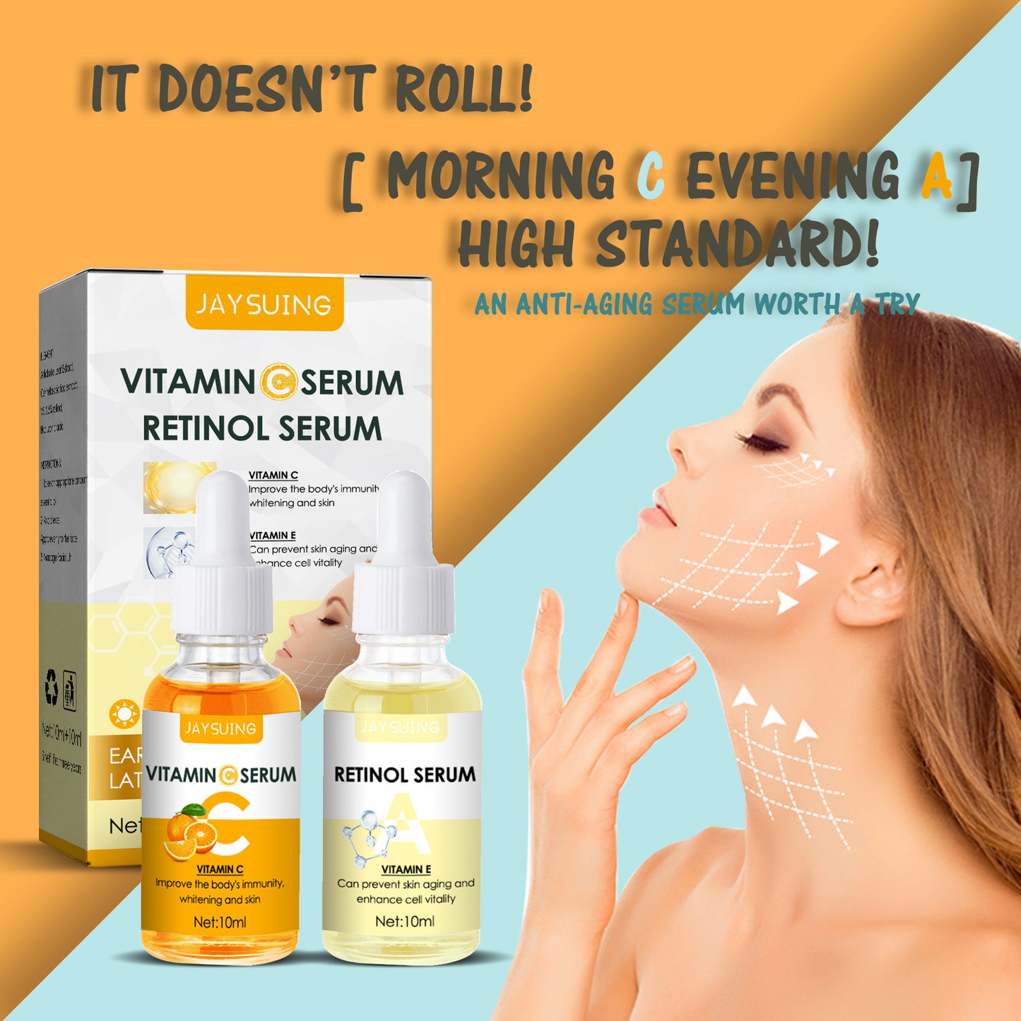 Jaysuing Morning Vitamin C Evening Vitamin A Essence Combo Brightening Fade Wrinkles Anti-Aging Firming Skin Dullness Hydrating Moisturizing