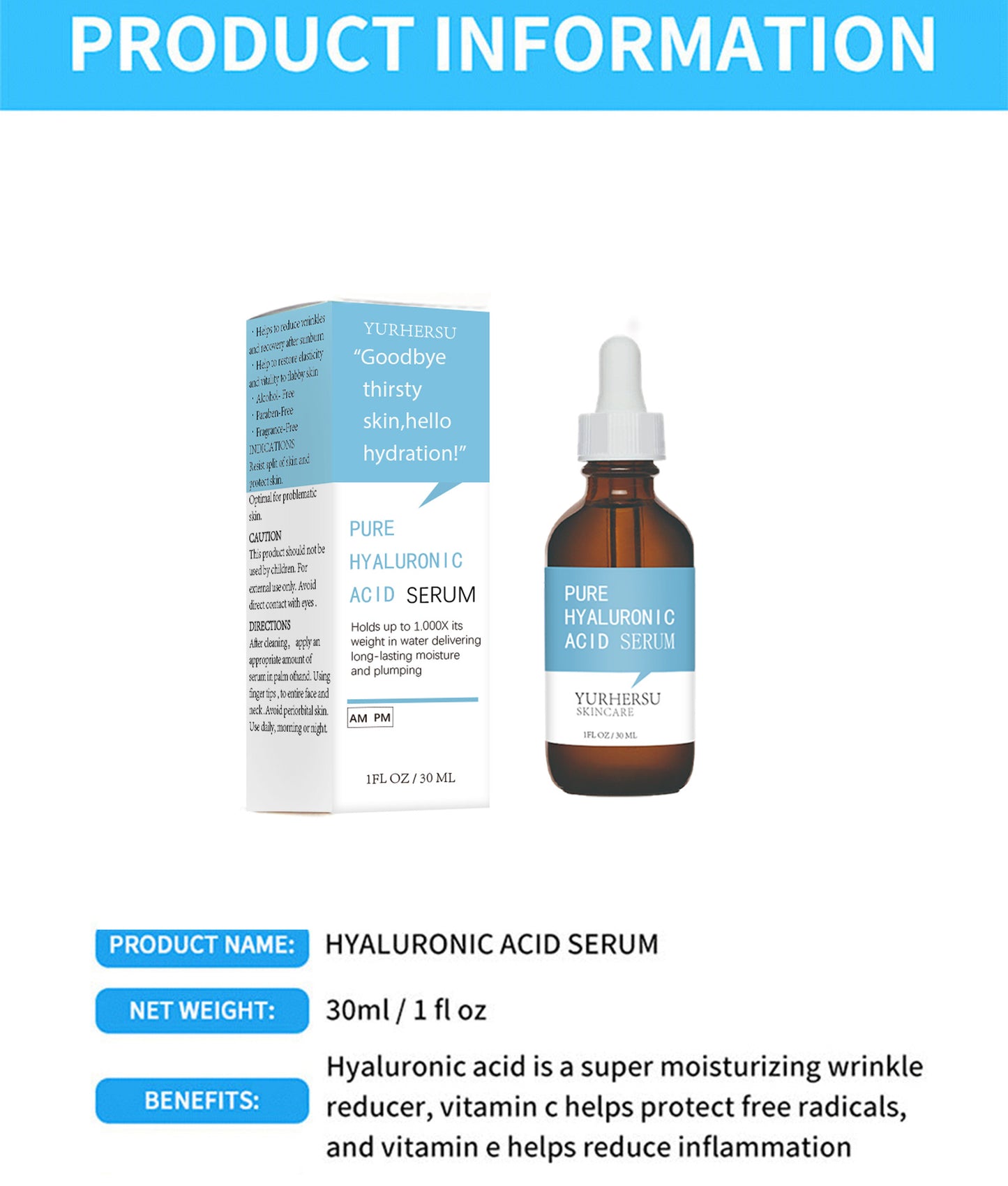 YURHERSU Hyaluronic Acid Original Hydrating Moisturizing Nourishing Firming Repairing Hyaluronic Acid Essence