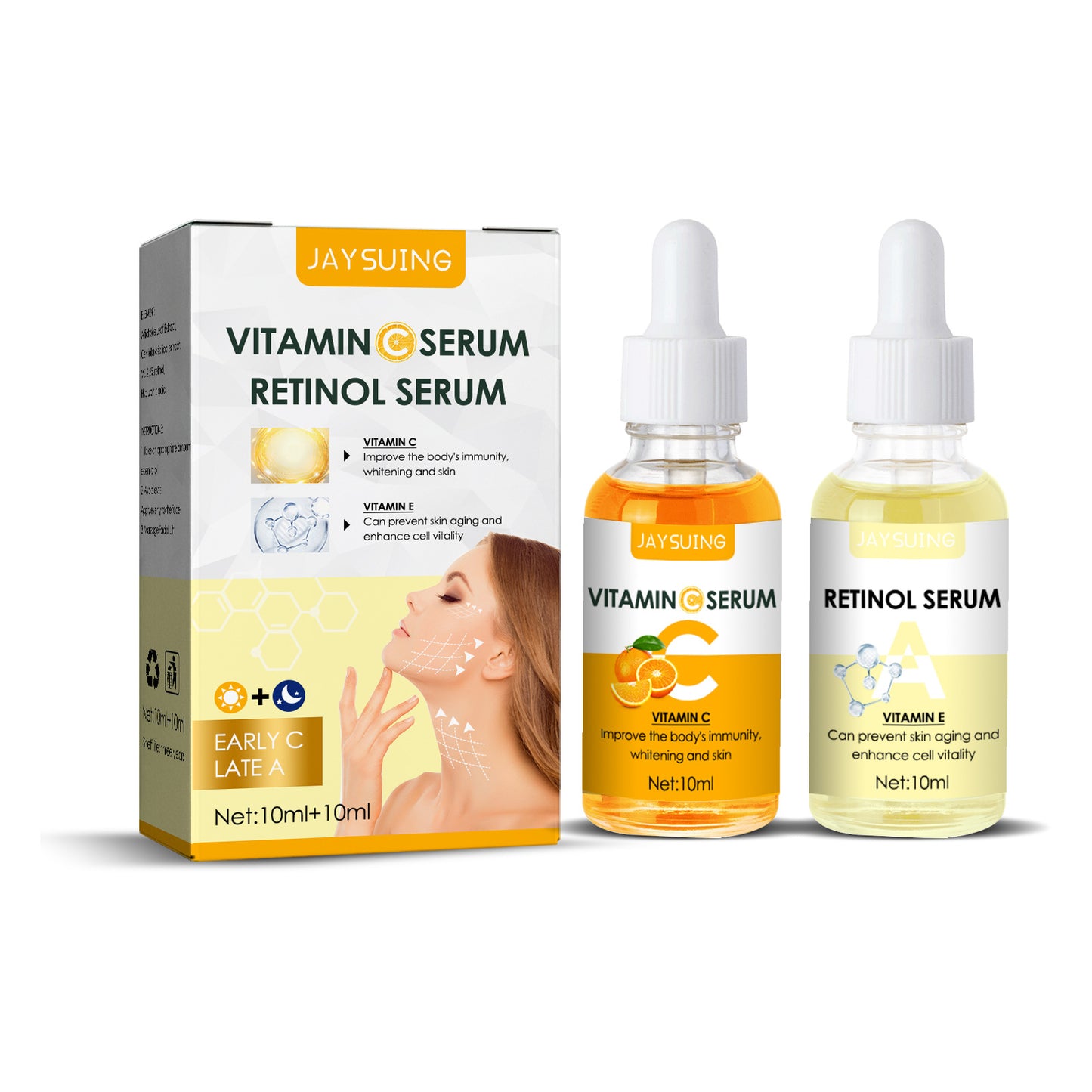 Jaysuing Morning Vitamin C Evening Vitamin A Essence Combo Brightening Fade Wrinkles Anti-Aging Firming Skin Dullness Hydrating Moisturizing